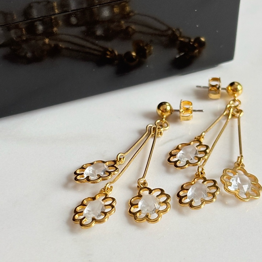 Vintage 1995 Avon Daisy Drop Earrings w Crystal Accent 2” Gold Dangle NIB